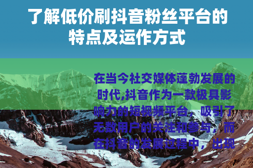 了解低价刷抖音粉丝平台的特点及运作方式