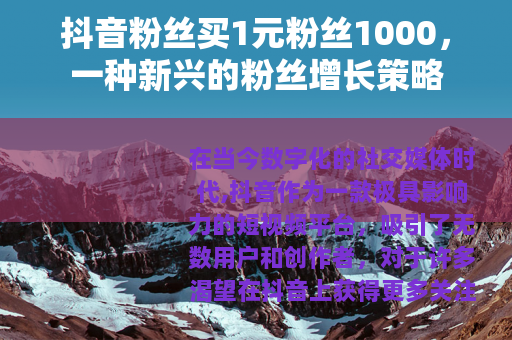 抖音粉丝买1元粉丝1000，一种新兴的粉丝增长策略