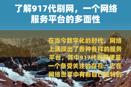 了解917代刷网，一个网络服务平台的多面性