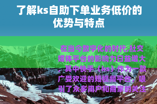 了解ks自助下单业务低价的优势与特点