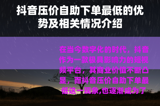 抖音压价自助下单最低的优势及相关情况介绍