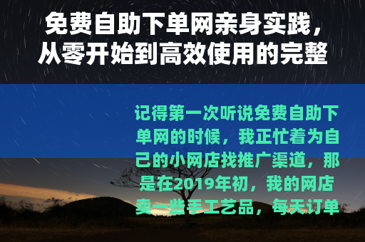 免费自助下单网亲身实践，从零开始到高效使用的完整历程