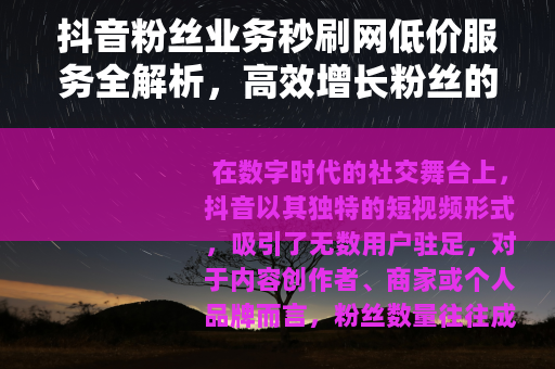 抖音粉丝业务秒刷网低价服务全解析，高效增长粉丝的策略分享