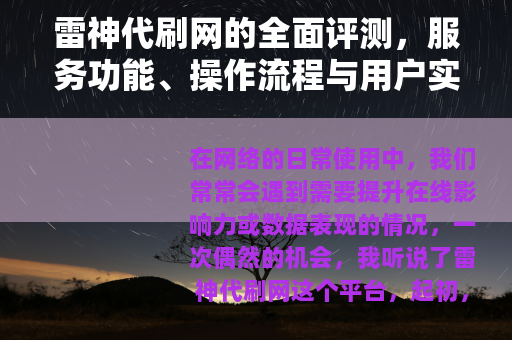 雷神代刷网的全面评测，服务功能、操作流程与用户实际反馈分享