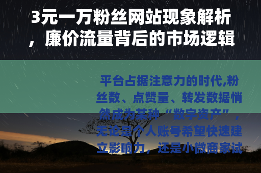 3元一万粉丝网站现象解析，廉价流量背后的市场逻辑与长期影响